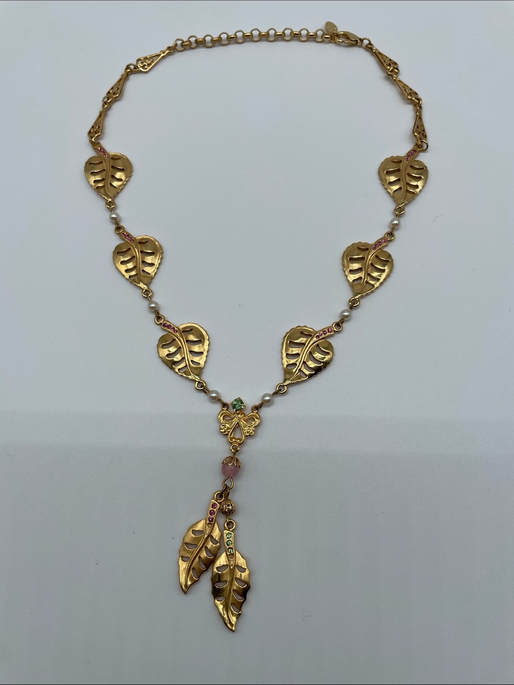 Robert Rose Vintage Gold Leaf Necklace with Pink and Green Accents